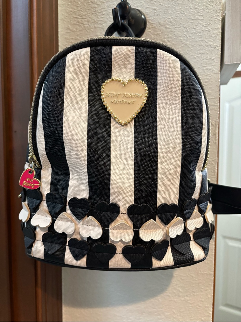 Betsey Johnson Black & White Striped Heart Mini Backpack with Heart Appliqués